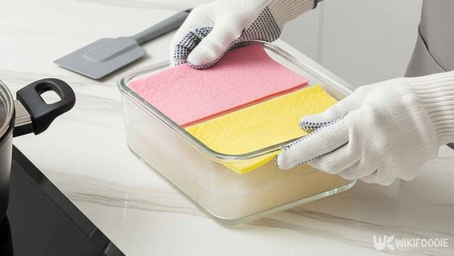 베이킹소다와 세제를 섞은 물에 부직포 행주를 담그는 사진. / 위키푸디