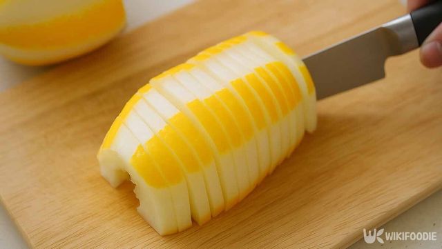 과육을 제거한 참외를 써는 사진 . /위키푸디