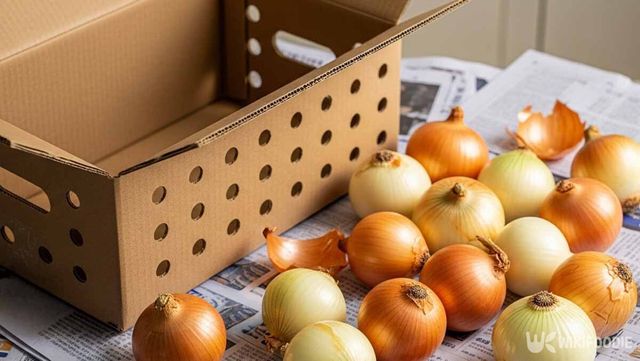 구멍이 뚫린 종이 상자와 양파 사진. / 위키푸디