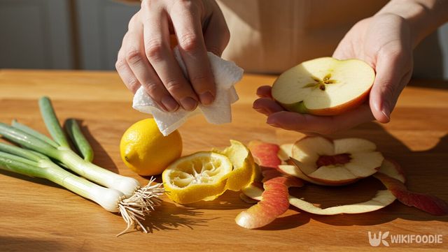 파 뿌리, 레몬껍질, 생강껍질, 사과껍질 등으로 손을 닦는 자료 사진 . / 위키푸디