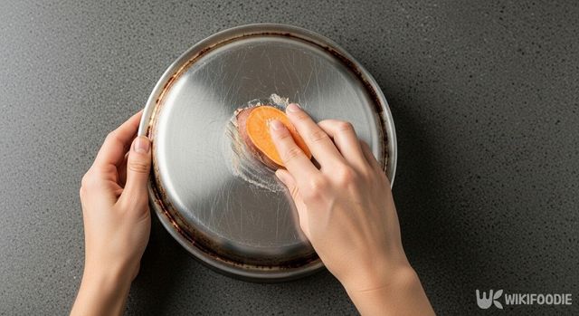 고구마로 녹슨 냄비를 닦는 사진. / 위키푸디