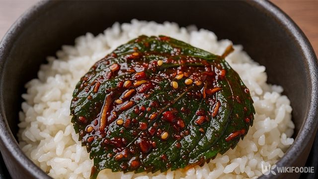 솥밥 위에 깻잎 김치를 올린 자료 사진. / 위키푸디