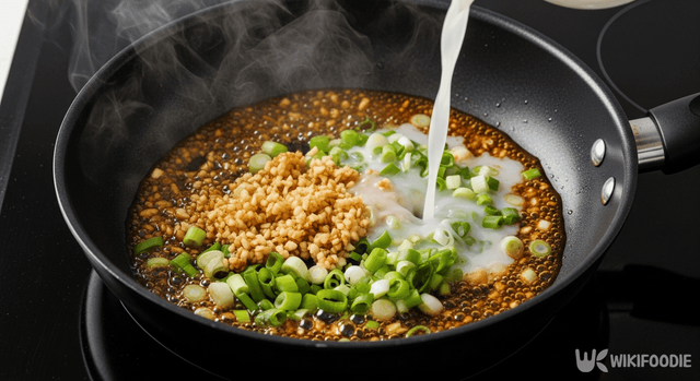 볶은 양념에 전분물을 넣는 사진.