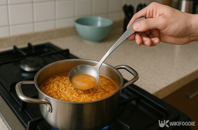 라면을 끌힝ㄹ 때 국물 위로 뜨는 기름 막을 국자로 걷어내는 사진. / 위키푸디