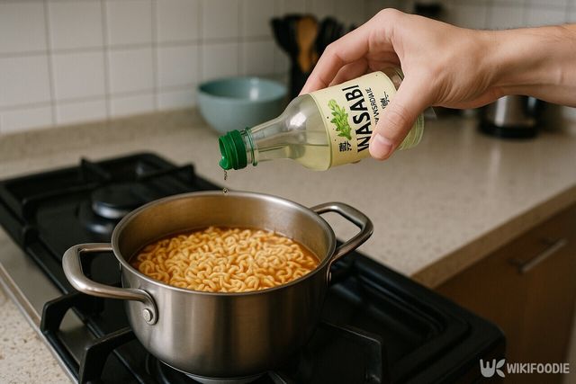 다 끓인 라면에 애사비 식초를 넣는 사진. / 위키푸디