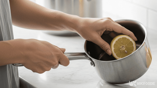 레몬으로 냄비 바닥을 닦는 사진. / 위키푸디