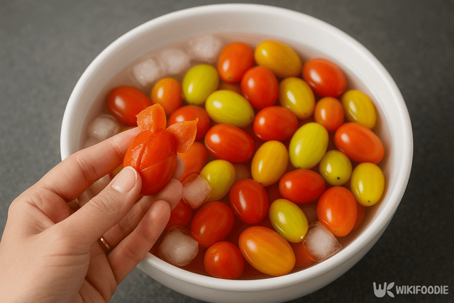 껍질 벗긴 방울토마토 사진. / 위키푸디