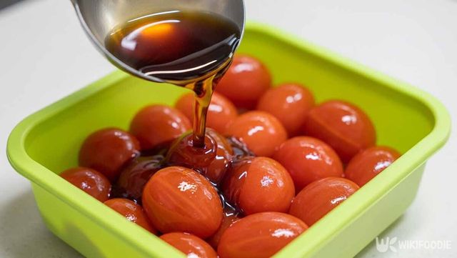 껍질 벗긴 방울토마토에 매실청을 붓는 사진. / 위키푸디
