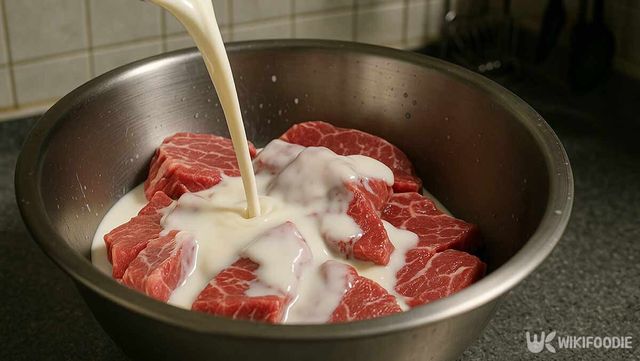 고기에 우유를 붓는 모습 / 위키푸디