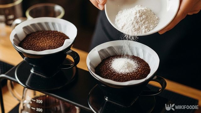 달걀 껍데기를 분쇄한 가루를 커피 원두에 붓는 사진./ 위키푸디