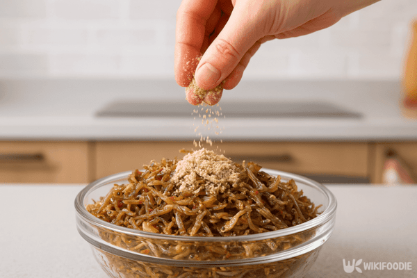 멸치볶음 위로 들깨가루를 뿌리는 사진 / 위키푸디