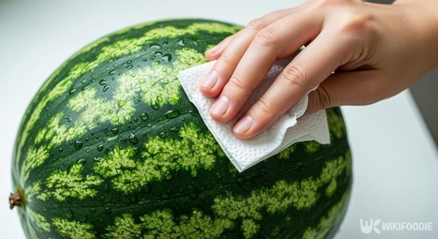 수박 겉면을 식초가 적셔진 키친타월로 닦는 사진. / 위키푸디