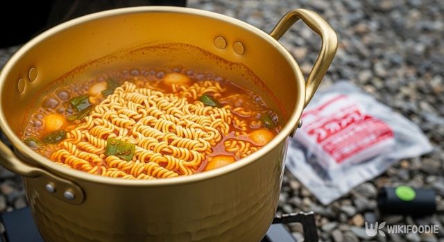 계곡에서 라면을 먹는 사진. / 위키푸디