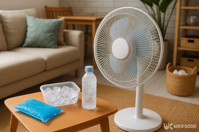 선풍기 앞에 아이스팩, 얼음, 얼려둔 생수병이 있는 모습 / 위키푸디
