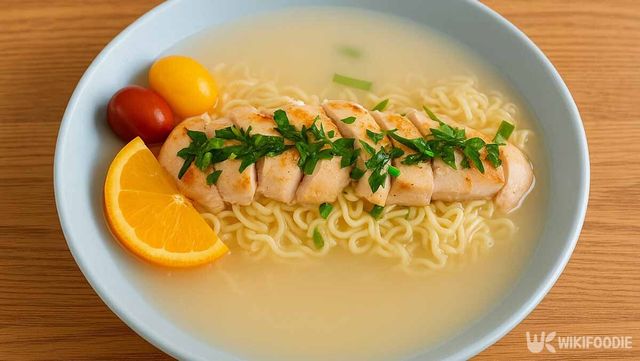 하얀 냉라면 위에 고명을 얹은 사진. / 위키푸디