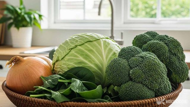 양배추, 양파, 브로콜리, 시금치가 바구니에 담긴 사진. / 위키푸디