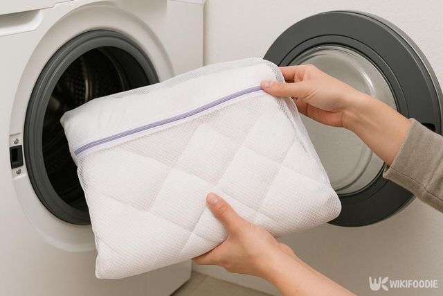 세탁망에 넣은 매트리스 커버를 세탁기에 넣는 모습 / 위키푸디