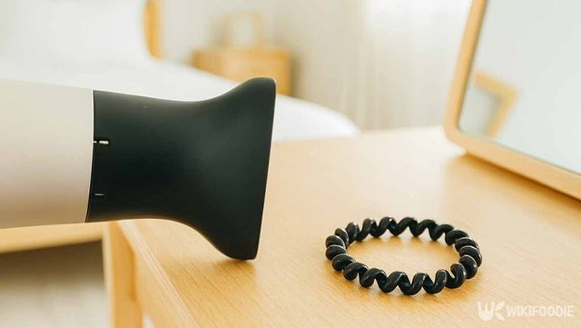 늘어난 머리끈에 헤어드라이어로 뜨거운 바람을 쐬는 사진. / 위키푸디