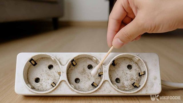 소독용 에탄올을 묻힌 면봉으로 멀티탭을 닦는 사진. / 위키푸디