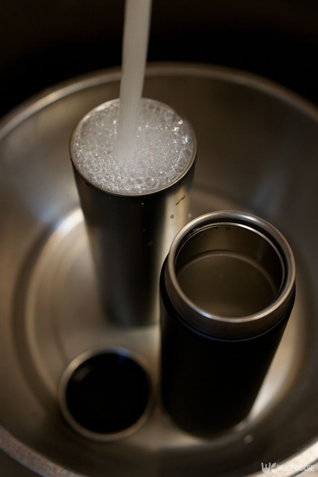 텀블러 안에 과탄산소다를 넣어 세척하는 사진. / 위키푸디