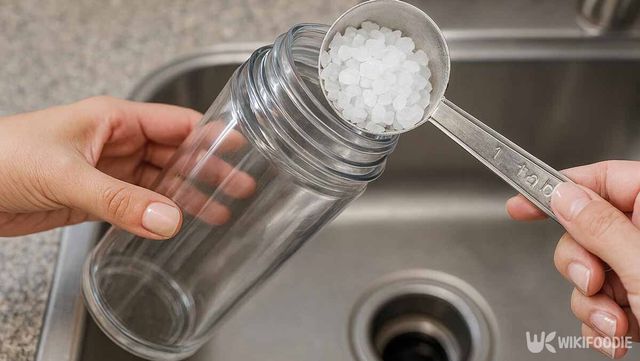 물병에 소금을 넣어 세척하는 사진. / 위키푸디