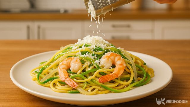 면을 넣은 애호박 파스타에 치즈를 뿌리는 사진. / 위키푸디