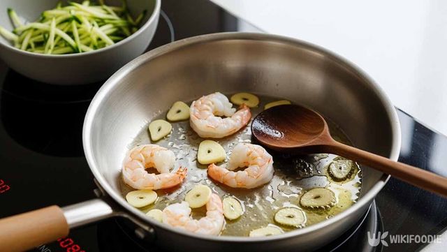 칵테일 새우를 편 마늘과 볶는 사진. / 위키푸디