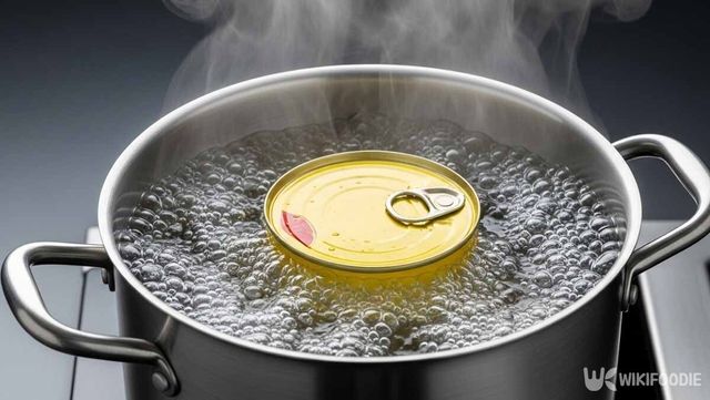 끓는 물에 가열되는 참치캔 사진. / 위키푸디