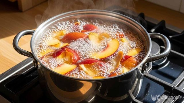 복숭아 껍질을 냄비에 끓이는 사진. / 위키푸디