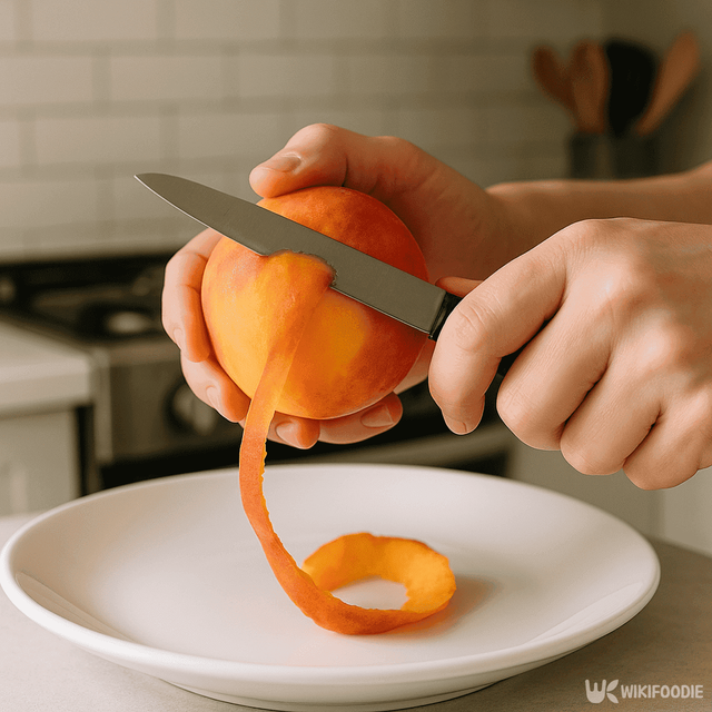복숭아 껍질을 깎는 사진. / 위키푸디