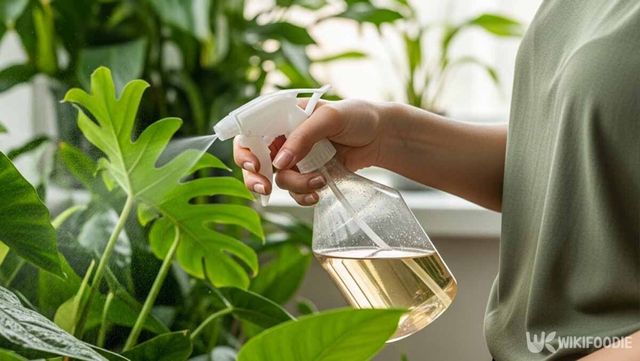 액체 비료를 식물의 잎에 분사하는 사진. / 위키푸디