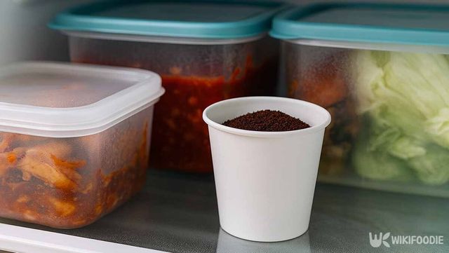 정돈된 반찬통 사이에 커피 찌꺼기를 둔 사진. / 위키푸디