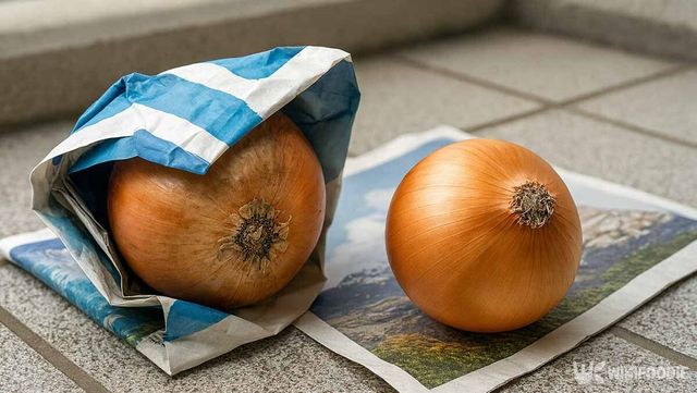 신문지에 싸고 있는 양파 사진. / 위키푸디