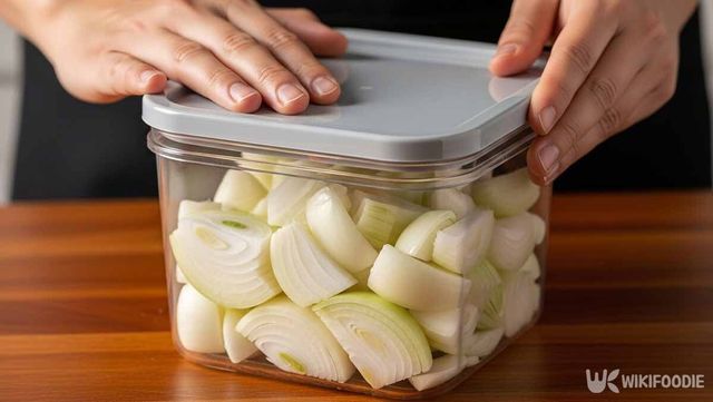 썰린 양파를 유리 밀폐 용기에 담은 사진. / 위키푸디