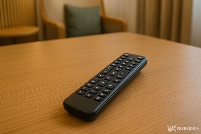 호텔방 안 식탁에 올려져 있는 리모컨 / 위키푸디