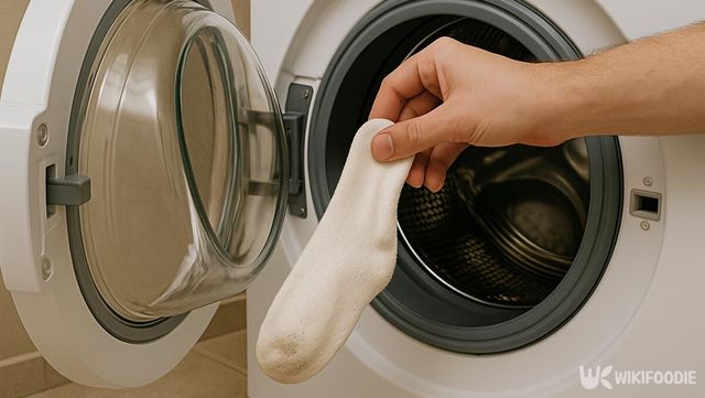 더러워진 양말을 세탁기에 넣으려는 모습 / 위키푸디