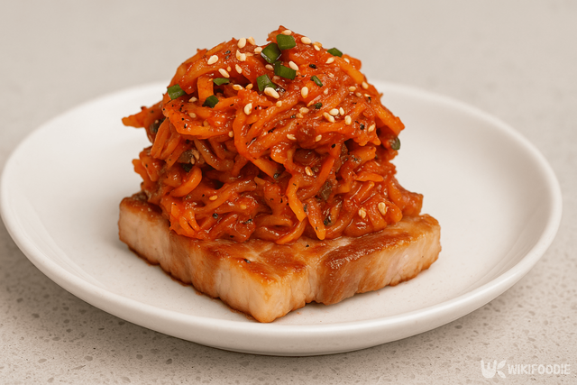 삼겹살 위에 오징어젓무침을 올린 자료 사진. / 위키푸디