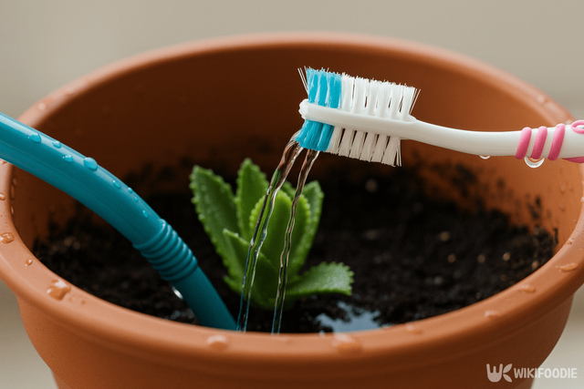 칫솔모를 넣어 화분에 물을 주는 자료 사진. / 위키푸디