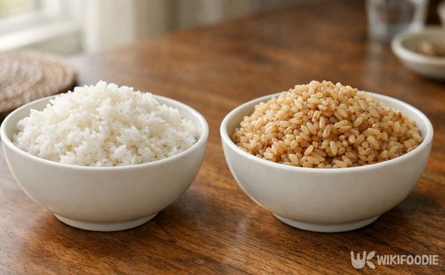 쌀밥과 현미밥이 같이 놓여 있다. / 위키푸디