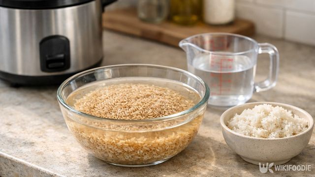 현미를 물에 불리고 있다. / 위키푸디