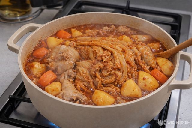 냄비에 각종 재료와 양념장을 넣고 끓이고 있다. / 위키푸디