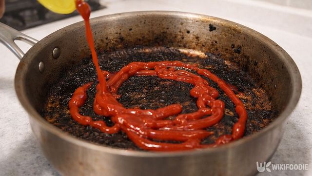 탄 냄비에 케첩을 뿌리고 있다. / 위키푸디