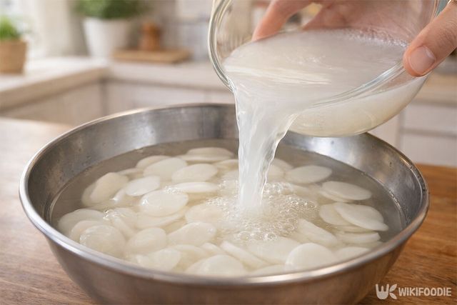바로 사용할 떡국떡에 쌀뜨물을 붓고 있다. / 위키푸디