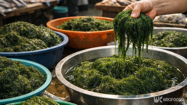 시장에 나온 매생이는 색과 윤기로 신선도를 가늠할 수 있다. / 위키푸디