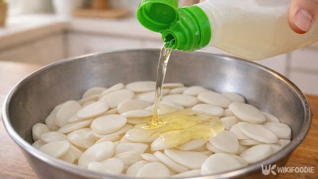 떡국떡에 식용유를 붓고 있다. / 위키푸디