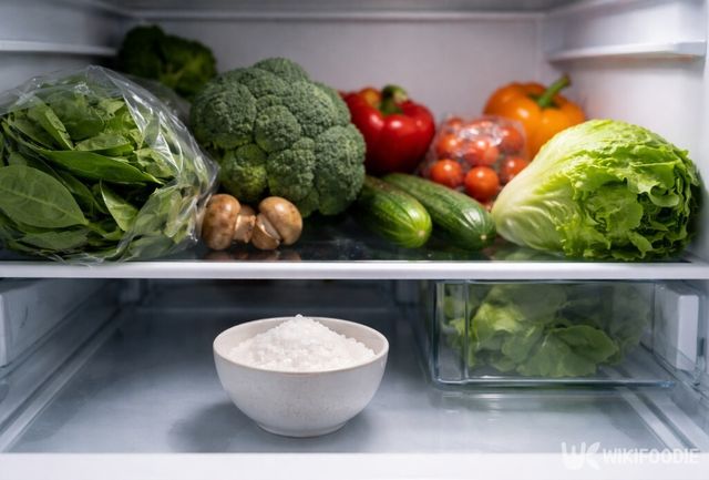 채소 칸 옆 선반에 소금 한 그릇을 놓아 습기를 관리하는 모습이다. / 위키푸디