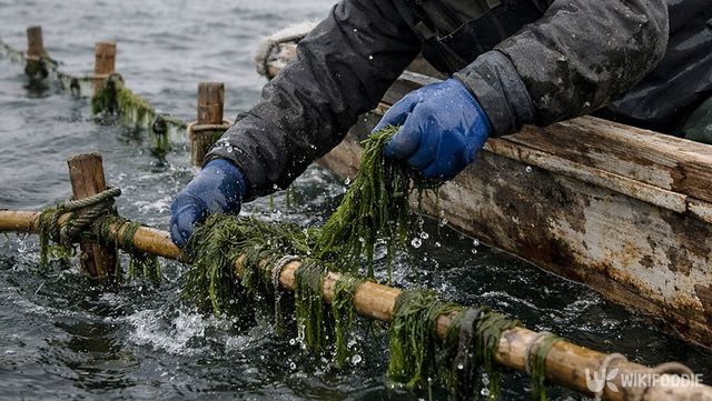 겨울 남해안 어장에서 어민이 손으로 매생이를 채취하고 있다. / 위키푸디