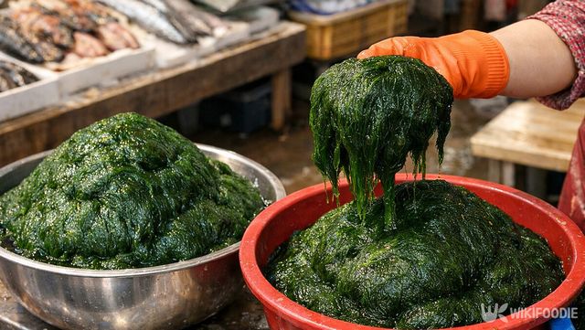 매대에 놓인 매생이는 색이 선명할수록 상태가 좋다. / 위키푸디