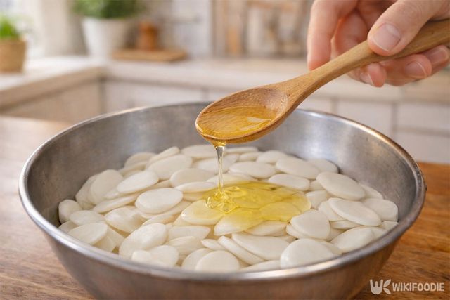 장기 보관을 하기 위해 떡국떡에 식용유를 넣고 있다. / 위키푸디