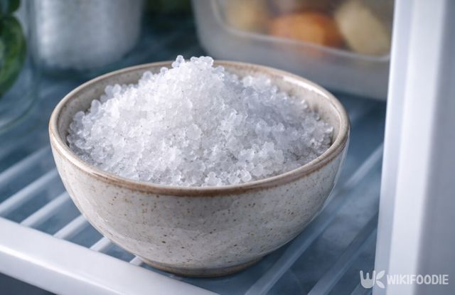 습기를 머금어 덩어리진 소금이 냉장고 안에 놓여 있다. / 위키푸디